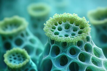 Poster - Microscopic view of a complex, porous, teal-green structure resembling a plant's cellular detail.