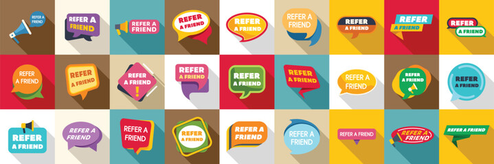 refer friend icons set. colorful refer a friend announcement with megaphone and speech bubbles promo
