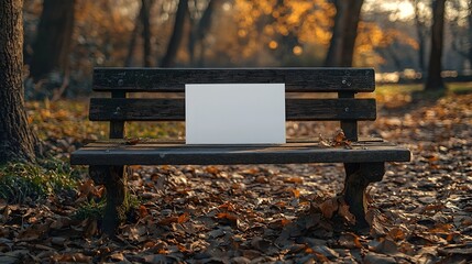Wall Mural - blank white gift card on a wooden park bench in autumn