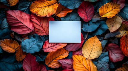 Wall Mural - blank white gift card surrounded by vibrant autumn leaves