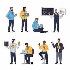 people with laptops and cryptocurrency coins concept