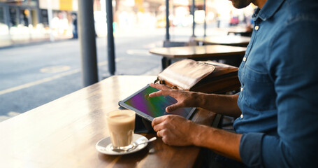 Aufkleber - Coffee shop, remote work and business man on tablet for online planning, proposal and research. Professional, restaurant and person on digital tech for website, project review and internet with drink
