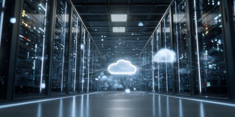 Leinwandbilder - Futuristic data center with server racks, glowing digital elements, cloud symbols, and connections representing technology and information flow