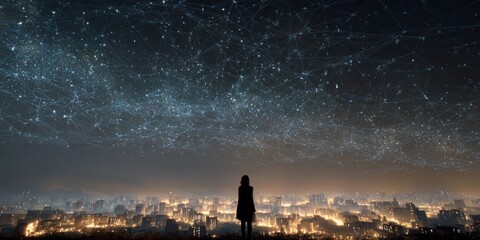 Poster - A person standing in a nighttime landscape gazing at a digital network of glowing connections among stars and buildings in an imaginative city setting