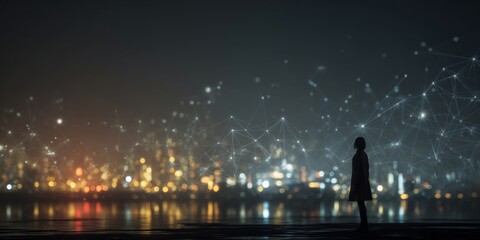 Poster - A person standing in a nighttime landscape gazing at a digital network of glowing connections among stars and buildings in an imaginative city setting