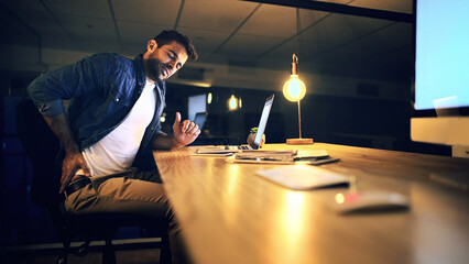 Leinwandbilder - Laptop, back pain and programmer at night for research, web design deadline or office project. Creative worker, administrator and fatigue for overtime, update or burnout for website article online