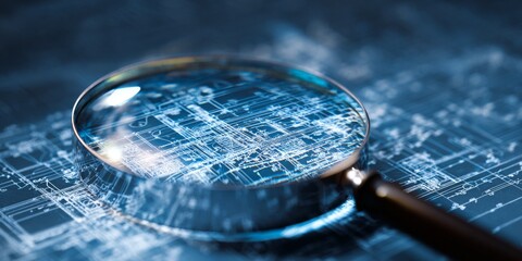 Poster - Abstract close-up of a magnifying glass over a blueprint design displaying illuminated connections, data, and technology representation for digital themes