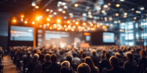 Aufkleber - Busy conference hall filled with audience attending a corporate event with stage lighting and large screen presentation in the background