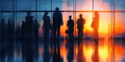 Poster - Silhouetted People in Modern Office Space with Colorful Reflections and Bright Sunset Light Through Glass Windows, Creating a Dynamic Atmosphere