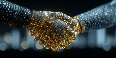 Aufkleber - Futuristic handshake symbolizing partnership, technology, innovation, and connection in a digital world with city lights in the background