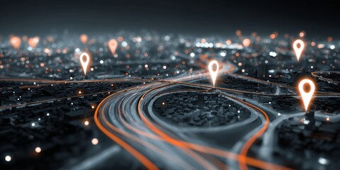 Poster - Futuristic representation of urban landscape with glowing navigation pins, flowing light trails, and dynamic road network in a digital city environment