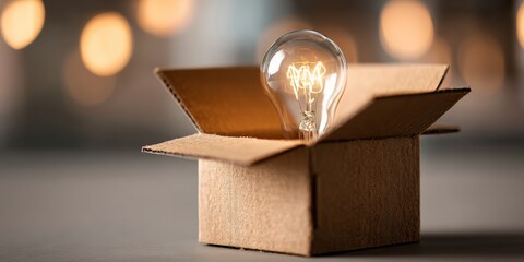 Aufkleber - Creative concept of innovation and ideas emerging from an open cardboard box with a light bulb concept in a modern office setting