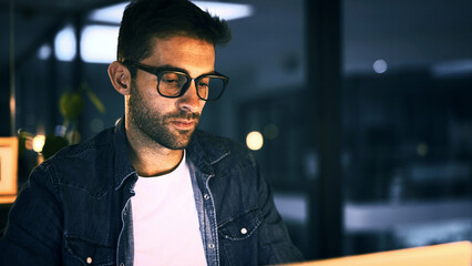 Aufkleber - Office, glasses and businessman with laptop for editing, proofreading and deadline for news story. Night, male person and journalist with technology for blog website, research and online publication