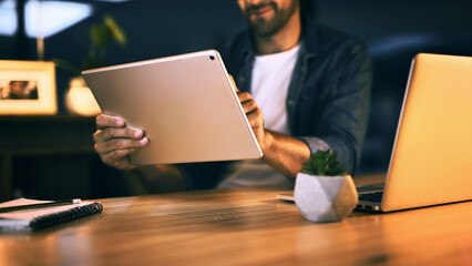 Leinwandbilder - Tablet, hands and businessman at night for graphic designer career with design software at desk. Male employee, creative project and technology for typography or visual information for web layout