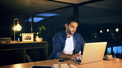 Aufkleber - Office, night and businessman with laptop for editing, proofreading and website for news article. Late, male person and journalist with digital for blog deadline, typing story and online publication