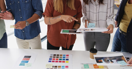 Poster - Color swatches, hands or people in meeting for brand choice, approval decision or planning. Teamwork, review or creative project manager with group, tablet or designers for company identity or task