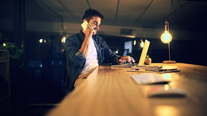 Aufkleber - Laptop, phone call and businessman at night for research, copywriting deadline or office project. Creative worker, editor and typing with overtime, update or discussion for news article online