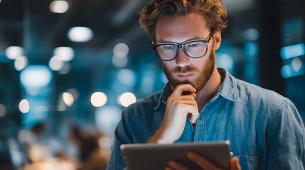Thoughtful programmer interacting with tablet in modern office setting, focused on work and problem solving