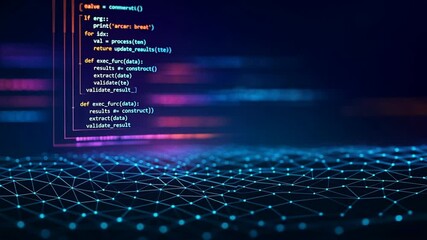 Digital code lines flowing on tech screen, 3d computer script background for developers, programming and software coding technology concept