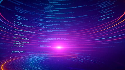 Developer screen showing computer script in digital background, 3d tech lines and programming interface for software coding and tech concept