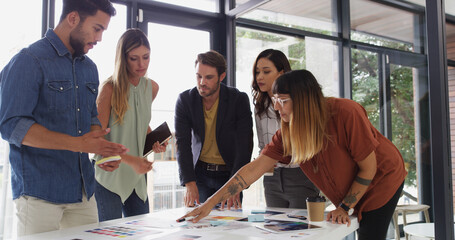 Poster - Office, business people and teamwork with decision for color swatch, creative agency and talking. Boardroom, women or men as graphic designer with palette for brainstorming, company branding or point