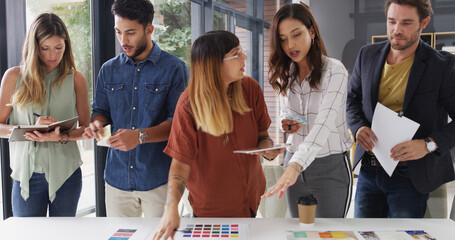 Poster - Color swatch, talking or people in meeting for brand choice, approval decision or planning. Teamwork, review or creative project manager with group, tablet or designers for company identity or task