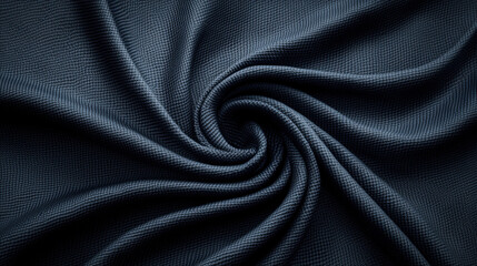 Leinwandbilder - Close up view of dark blue fabric showcases its intricate textures and swirling pattern, highlighting fine weave and soft material. fabric elegant folds create dynamic visual effect
