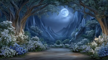 Wall Mural - Enchanted Forest Night Scene  Full Moon  Glowing Flora  Path  Mountains