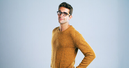 Glasses, IT support and portrait of tech guru in studio for development as computer engineer. Confident, expertise and male person with developer or programmer on white background for small business