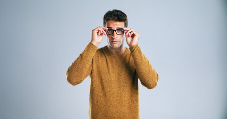 glasses, it support and portrait of developer man in studio for computer engineering as tech guru. e