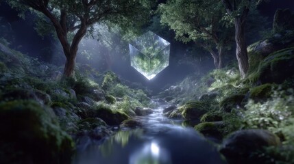 Wall Mural - Mystical Forest Stream  Glass Cube Reflection  Cinematic Lighting  Tranquil Nature Scene