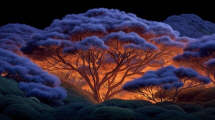 Wall Mural - Glowing Golden Tree in Dark Fantasy Forest  Cinematic Landscape