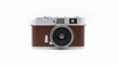 © Elena - Vintage style camera with brown leather body on white background