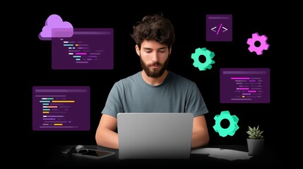 Software developer coding with laptop in a modern workspace surrounded by tech graphics at nighttime