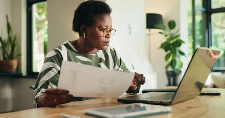Poster - Black woman, documents and home with laptop for analysis, performance review or statistics. Female person, accountant or financial analyst with paperwork on computer for finance or budget at house
