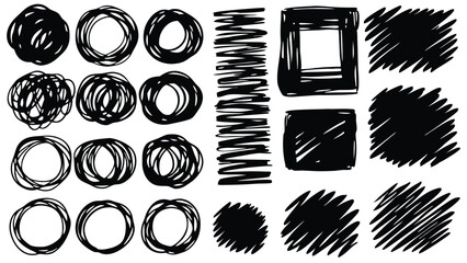 a collection of hand drawn black ink shapes including circles squares and filled in areas on white