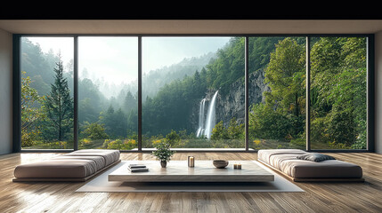 Poster - Modern living room with large windows, minimalist furniture, wooden floor, and stunning waterfall forest view