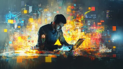 Focused programmer coding with vibrant digital interface overlay, futuristic workstation