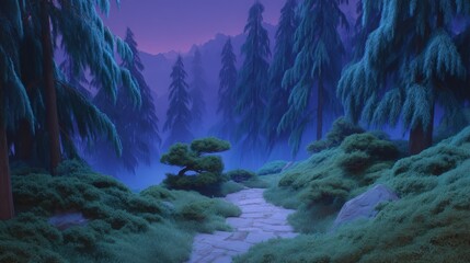 Wall Mural - Enchanting Twilight Forest Path  Mystical Nature Scene  Stone Walkway  Lush Greenery