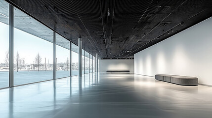 Poster - Spacious modern interior with large windows, minimalist design, black ceiling, and gray upholstered bench