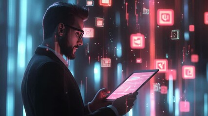 Connected future: Business professional utilizing digital tablet with glowing data network