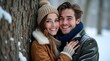 © Petro - Young couple snuggles in winter attire, sharing joyful smiles amidst a snowy forest backdrop.