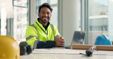Aufkleber - Face, happy man or architect on laptop for floor plan, engineering planning or project inspection. Office, portrait or proud contractor in construction with smile, development research or blueprint