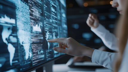 Professionals analyzing digital data on large computer screens in a high-tech environment.