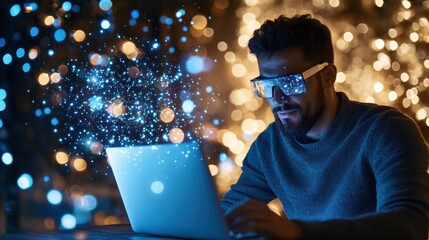 visionary tech: a focused individual, immersed in the glow of technology, wearing futuristic glasses