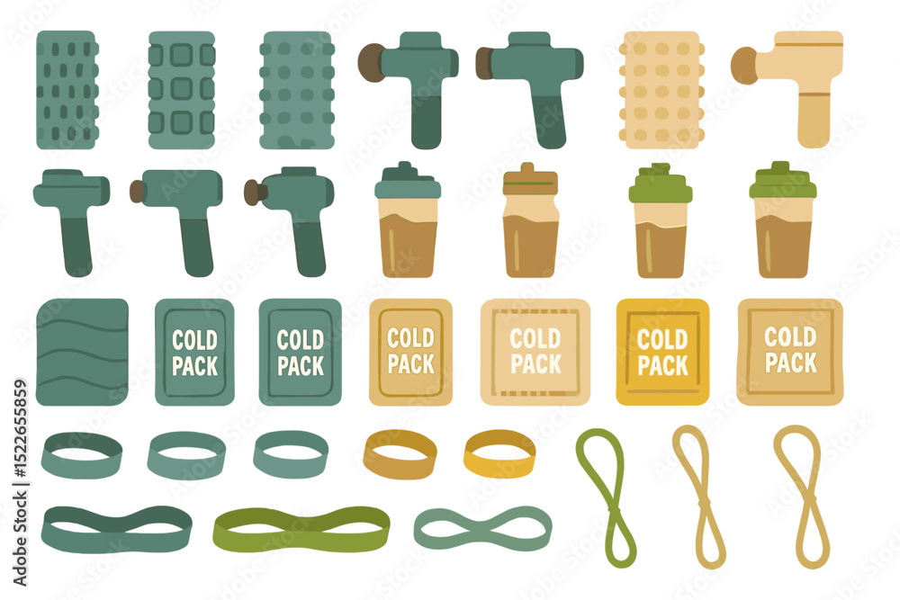 Recovery Items Various therapeutic tools and items for cold therapy used in physical ...