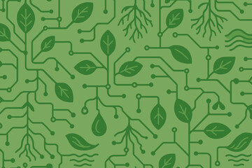 Green circuitry design featuring leaves and roots representing nature and technology in harmony