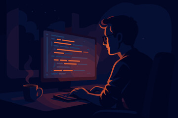 Person coding at night with glowing screen light in a dark room featuring a cup of coffee