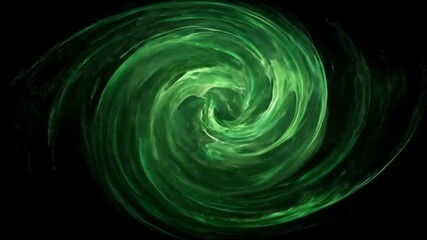 Poster - Swirling glowing earth orb with dynamic green light trails and particles on black background, ideal for fantasy, games or tech design projects