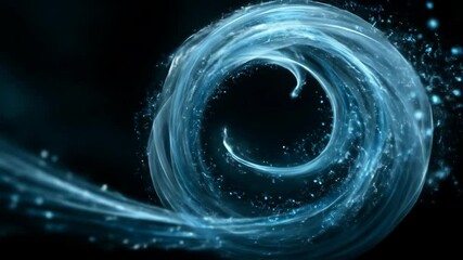 Poster - Swirling glowing water orb with dynamic blue and white particles on black background, ideal for fantasy, sci-fi, games or tech design projects